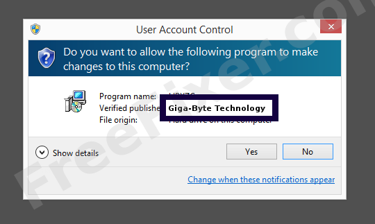 Screenshot where Giga-Byte Technology appears as the verified publisher in the UAC dialog